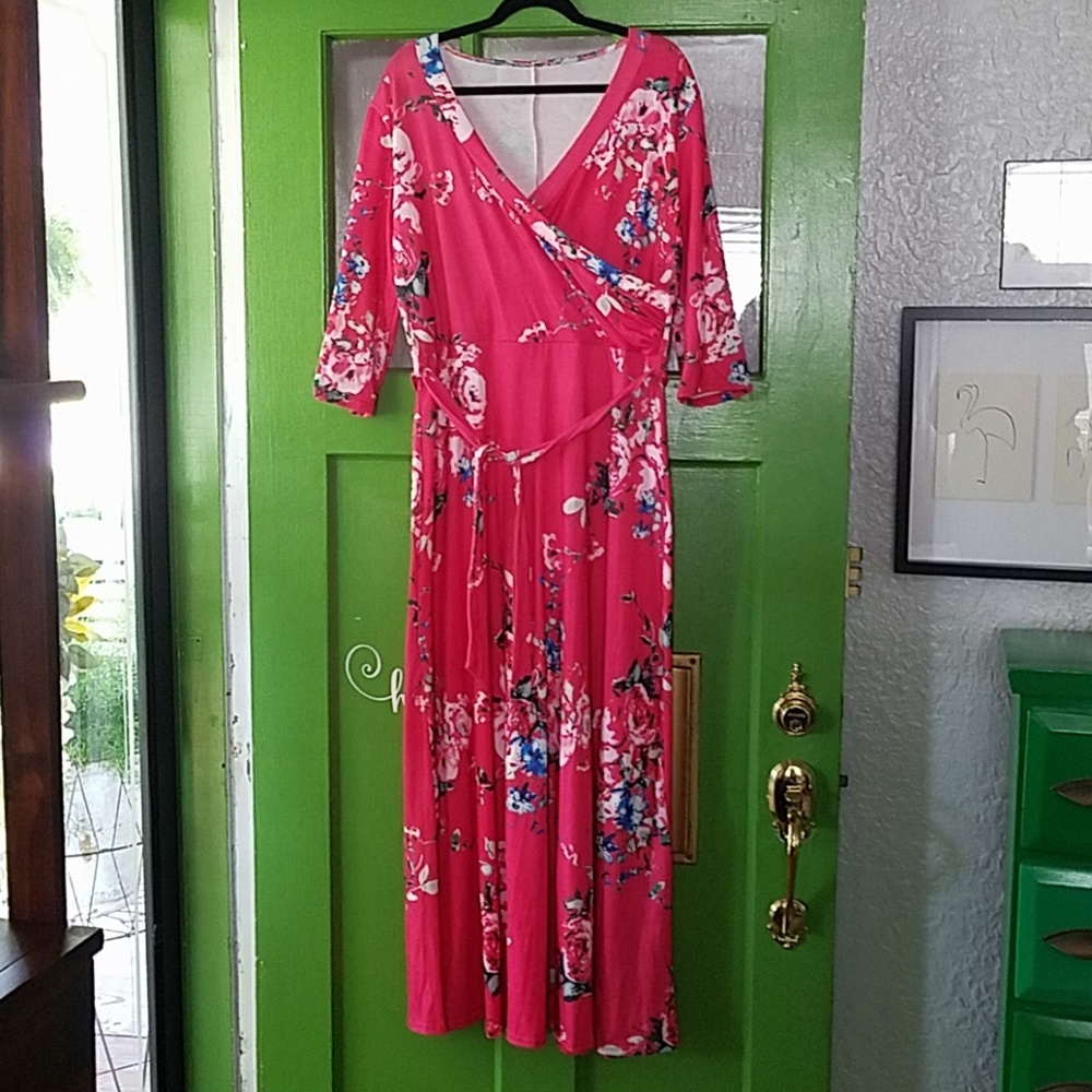 Pink floral faux wrap maxi dress